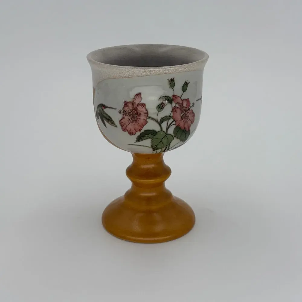 Vintage Otagiri Japan Hummingbird Hibiscus Stoneware Sake Set Carafe 3 Goblets